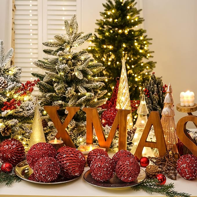 3.15" Christmas Ball Ornaments Glitter Shatterproof Christmas Tree Ornaments Sequin Xmas Hanging Balls Decorations for Wedding Party Holiday(Red, 12pc-8cm)