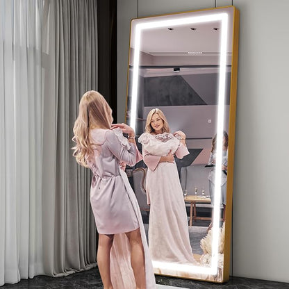 FENNIO Full Length Mirror with Lights, 80" x 36" LED Full Body Mirror, Oval Wall Mounted Hanging Mirror with Lights for Bedroom, Salon, 3 Color Lighting, Tempered Glass