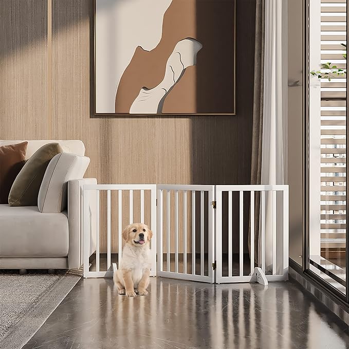 Freestanding Foldable Dog Gate for House - 3 Panels, 24'' Tall, White Wooden Pet Gate for Doorways and Stairs With 2 Support Feet