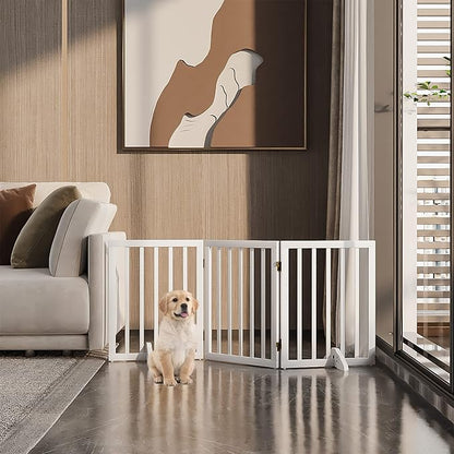 Freestanding Foldable Dog Gate for House - 3 Panels, 24'' Tall, White Wooden Pet Gate for Doorways and Stairs With 2 Support Feet