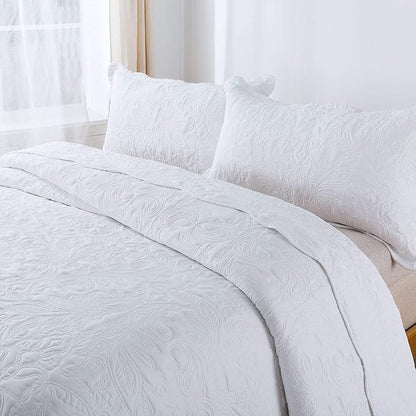 HoneiLife Quilt Set King Size - 3 Piece Embroidered Microfiber Bedspread Reversible Coverlet Lightweight Bedcover Paisley Pattern Bedding Set All Season Quilts-White