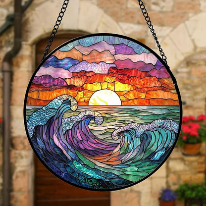Stained Glass Window Hanging, Clouds and Sea Waves Suncatcher Diamond Glass Panel Hangings Scenery Sun Catchers Decor for Birthday for Women, Men, Wife, Aunt, and Mom 11.8 in