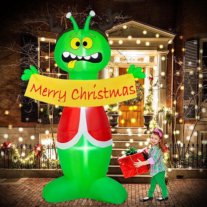 8FT Christmas Inflatable Outdoor Decoration, Inflatable Alien Christmas Blow Up Yard Decorations with Built-in LEDs Inflatable Xmas Decorations for Party Garden Yard Lawn Decor