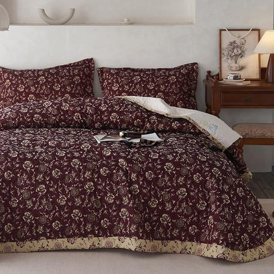 mixinni Red Floral Print Queen Size Quilt Set Soft Cotton Double-Laye Retro Rose Pattern Quilt Bedding Set Farmhouse Bedspread Coverlet Sets, 3-Pieces Including Pillow Shams (90x90 Inches)