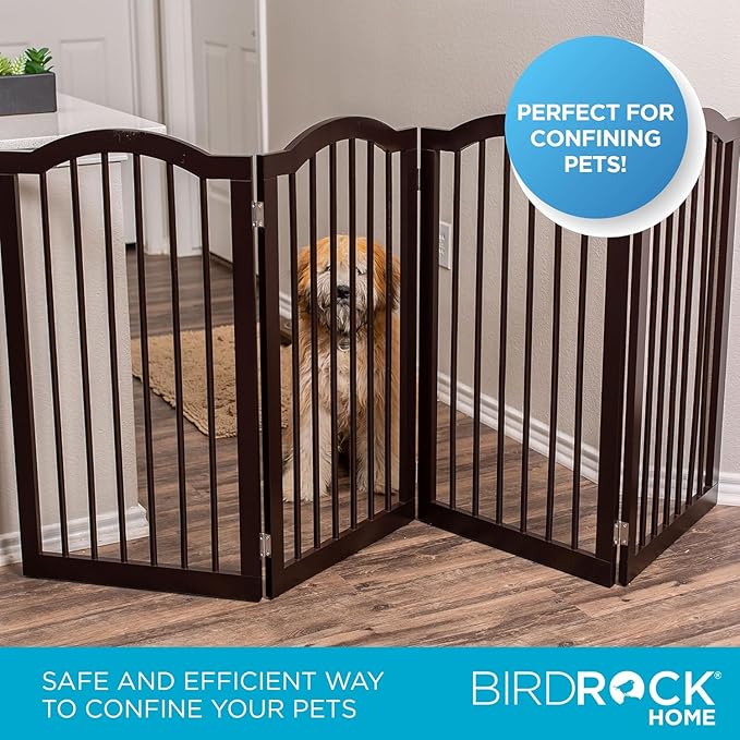 INTERNET'S BEST Arched Top Dog Gate with Support Feet | 4 Panel, 36" H Wooden Pet Barrier for Dogs or Cats | Freestanding Folding Gates for Doorways, Hallways, Stairs| Portable, Extra Wide | Espresso
