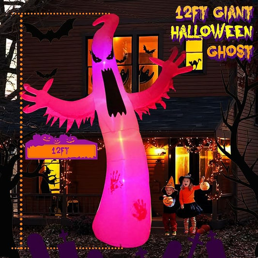 Gardwin 12ft High Halloween Inflatable Ghost Outdoor Decoration, Halloween Blow Up Yard Decoration with Built-in 4 Color LED, Inflatable Halloween Decorations for Indoor and Outdoor Party, Garden Lawn