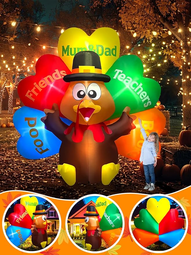 Kalolary 8FT Thanksgiving Inflatables Decorations,Giant Turkey Inflatables with Pilgrim Hat &Colorful Tail Fall Blow Up Yard Decorations with Build-in Lights for Garden Lawn Outdoor Thanksgiving Decor