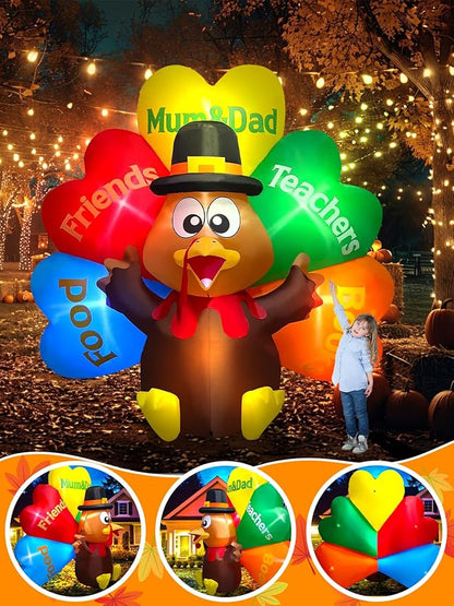 Kalolary 8FT Thanksgiving Inflatables Decorations,Giant Turkey Inflatables with Pilgrim Hat &Colorful Tail Fall Blow Up Yard Decorations with Build-in Lights for Garden Lawn Outdoor Thanksgiving Decor