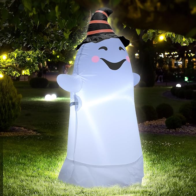 3.5FT Halloween Inflatable Decor with LED Lights Striped Hat Ghost Halloween Blow Up Decorations Indoor Outdoor Yard Garden Party Holiday Decoration