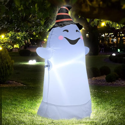 3.5FT Halloween Inflatable Decor with LED Lights Striped Hat Ghost Halloween Blow Up Decorations Indoor Outdoor Yard Garden Party Holiday Decoration