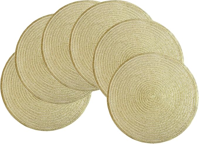 SHACOS Golden Glitter Round Braided Placemats Set of 6 Bling Circle Place Mats Washable Table Mats for Holiday Party Wedding Shower (6, Gold)