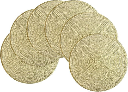 SHACOS Golden Glitter Round Braided Placemats Set of 6 Bling Circle Place Mats Washable Table Mats for Holiday Party Wedding Shower (6, Gold)