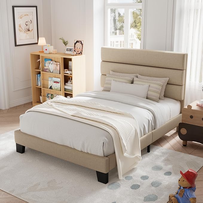 Allewie Twin Size Platform Bed Frame with Fabric Upholstered Headboard and Wooden Slats Support, Fully Upholstered Mattress Foundation/No Box Spring Needed/Easy Assembly,Beige
