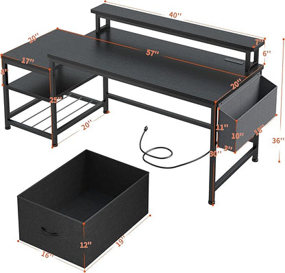 EnHomee 57" Computer Desk with Drawers and Printer Space,Office Desk with Power Outlets,Home Office Desks with File Drawers Cabinet,Study Writing and Gaming Desk with Shelves Monitor Stand,Black