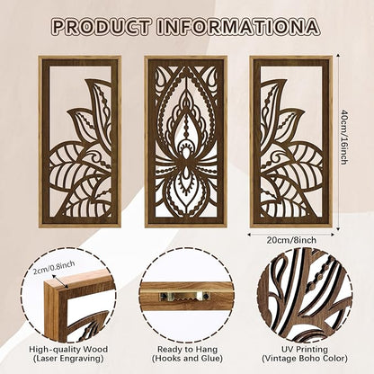 HPNIUB 3PCS Lotus Flower Wall Decor, Mandala Carved Wood Sign for Yoga Room, Spiritual Meditation Wooden Hanging Plaque Home Decor for Living Room Office Bathroom Decoration(8x16Inch)