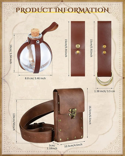 Sweetude 5 Pcs Renaissance Belt Pouch Waist Bag Medieval Skirt Hike Vintage Mug Strap Festival Cork Potion Bottle Leather Belt for Halloween Cosplay Party DIY Crafts Costume Accessory (Brown)