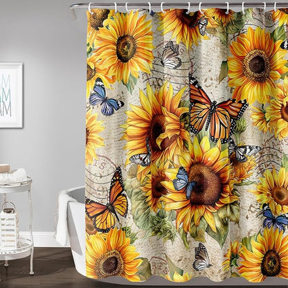 AILONEN Girls Sunflower Shower Curtain,Butterfly Sunflower Bath Curtain for Kids Women,Vintage Yellow Flower Decor Bathroom Curtain with 12 Plastic Hooks, 48" W x 72" H
