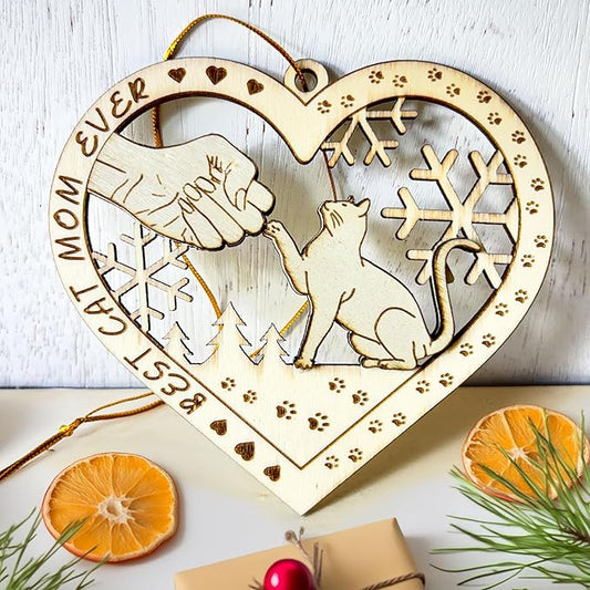 Best Cat Mom Ever - Wooden Heart-Shaped Cat & Mom Fist Bump Christmas Ornament