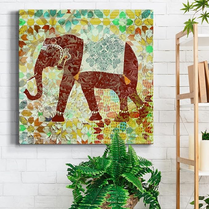 Colorful Animals Painting Wall Art on Canvas Modern Abstract Artwork, Bali Elephant Wall Art, Ready to Hang, 40'' x 40''