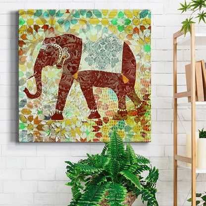 Colorful Animals Painting Wall Art on Canvas Modern Abstract Artwork, Bali Elephant Wall Art, Ready to Hang, 40'' x 40''