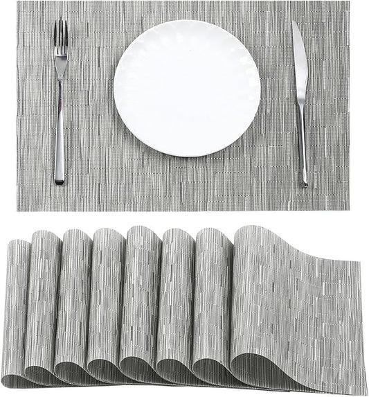 Leetaltree Sliver Placemats Set of 8 - Heat Resistant Non-Slip Place mats for Dining Table, Washable Durable PVC Vinyl Woven Table Mats（Sliver, 8）
