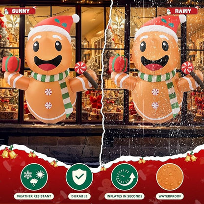 B&D 4FT Christmas Inflatables Gingerbread Man Lean Out from Window Outdoor Decorations, Christmas Window Inflatable Gingerbread Blow Up Yard Decorations Built-in LED Lights for Indoor Lawn Yard Garden