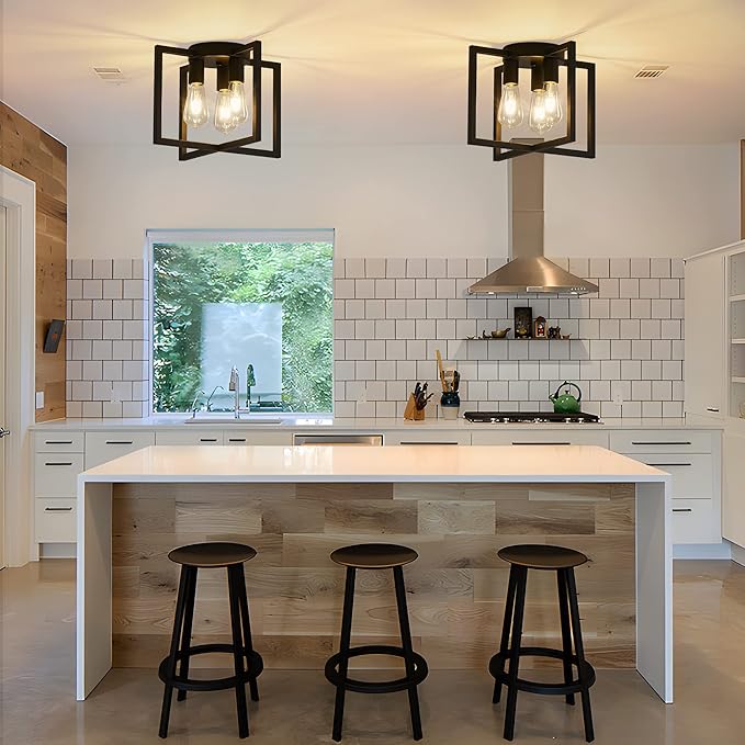 3-Light Ceiling Light Fixture, Black Semi-Flush Mount Chandelier with Geometric Metal Shade, Farmhouse Industrial Lighting for Kitchen Living Room Bedroom Hallway Foyer, E26 Base