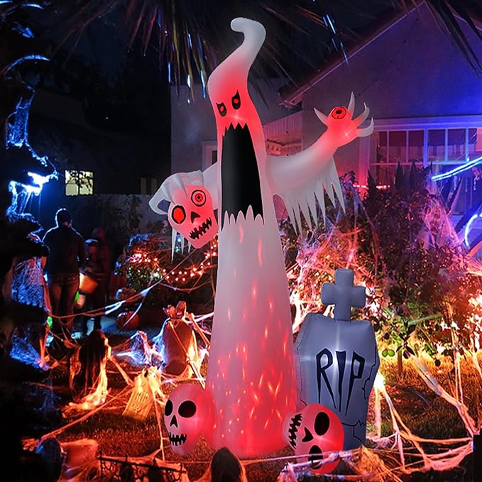 12 FT Halloween Inflatables Outdoor Halloween Blow Up Yard Decorations Horror White Ghost with 3 Skull Heads Bleeding Eyeball Tombstone Halloween Decorations Clearance for Party Yard Garden