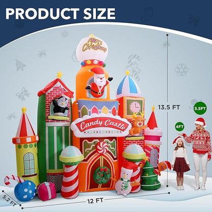13.5 FT Tall Candy Castle Christmas Inflatables Outdoor Decorations, Blow Up Christmas Decorations with Built-in Rotating Light for Garden Lawn Xmas Decor