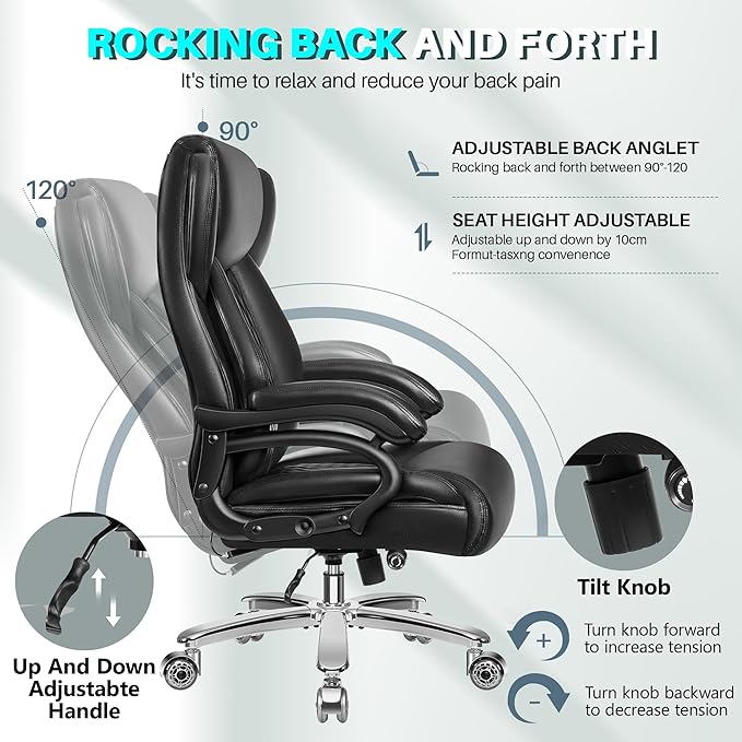 Big and Tall Office Chair, 500lbs Capacity, Black Leather, High Back, Extra Wide Seat, Ergonomic, Adjustable Lumbar Support, Metal Base & Wheels, Black