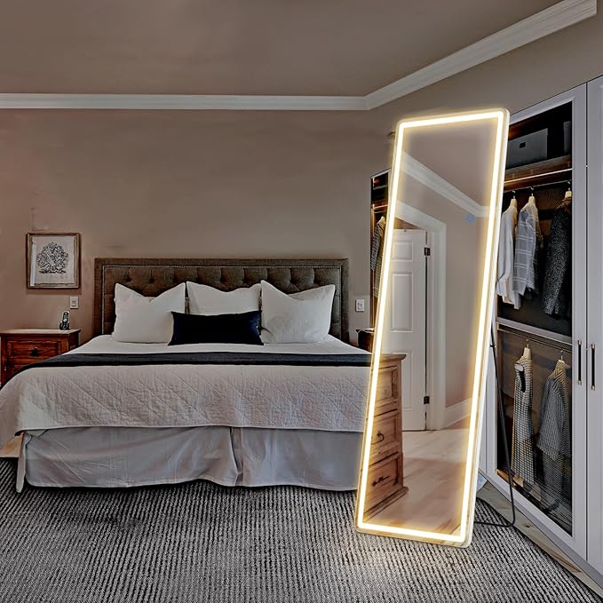 Sweetcrispy 64"x21" Mirror Full Length Standing Mirror with LED Lights, Lighted Floor Mirror with Stand, w/Dimming & 3 Color Lighting, Wall Mirror Full Length Aluminum Alloy Thin Frame, White