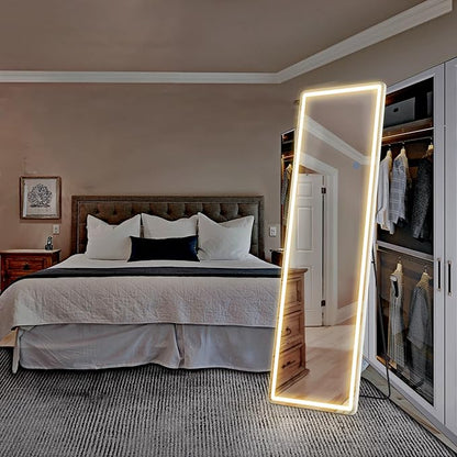 Sweetcrispy 64"x21" Mirror Full Length Standing Mirror with LED Lights, Lighted Floor Mirror with Stand, w/Dimming & 3 Color Lighting, Wall Mirror Full Length Aluminum Alloy Thin Frame, White
