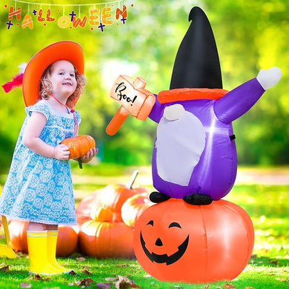 4FT Inflatable Halloween Decoration Blow up Gnome Pumpkin Holding a Sign with The Word Boo in Hand Decor with LED Lights Indoor Outdoor Yard Holiday Graden Party Decor