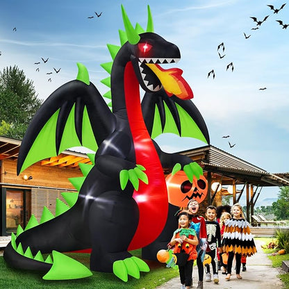 MICOCAH 8 FT Outdoor Halloween Inflatables Fire-Breathing Dragon with Flashing Red Eyes Holding Pumpkin Halloween Decorations Outside, Built-in LEDs Blow Ups for Yard Indoor Party Garden Lawn Decor