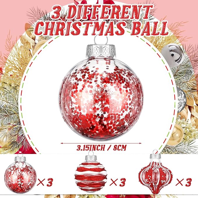 9 Pcs 3.15" Clear Christmas Ball Ornaments Xmas Ball Decorations Set Shatterproof Decorative Hanging Ornaments for Christmas Tree Home Wedding Party Office Decor(Red)