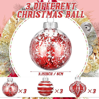 9 Pcs 3.15" Clear Christmas Ball Ornaments Xmas Ball Decorations Set Shatterproof Decorative Hanging Ornaments for Christmas Tree Home Wedding Party Office Decor(Red)