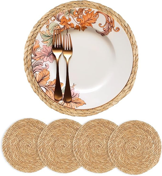 Round Woven Placemats 13 inch Set of 4 - Boho Rattan Placemats Natural Water Hyacinth Placemats, Farmhouse Weave Place Mats, Rustic Braided Wicker Table Mats for Dining Table,Home,Wedding