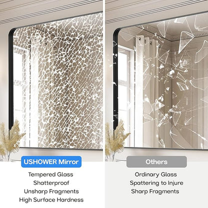 USHOWER Black Large Bathroom Mirror, 40 × 30 Inch Rectangle Mirror for Bedroom, Bathroom, Dining Room, Entryway, Wall Mounted & Metal Frame, Tempered Glass, Hangs Horizontally or Vertically