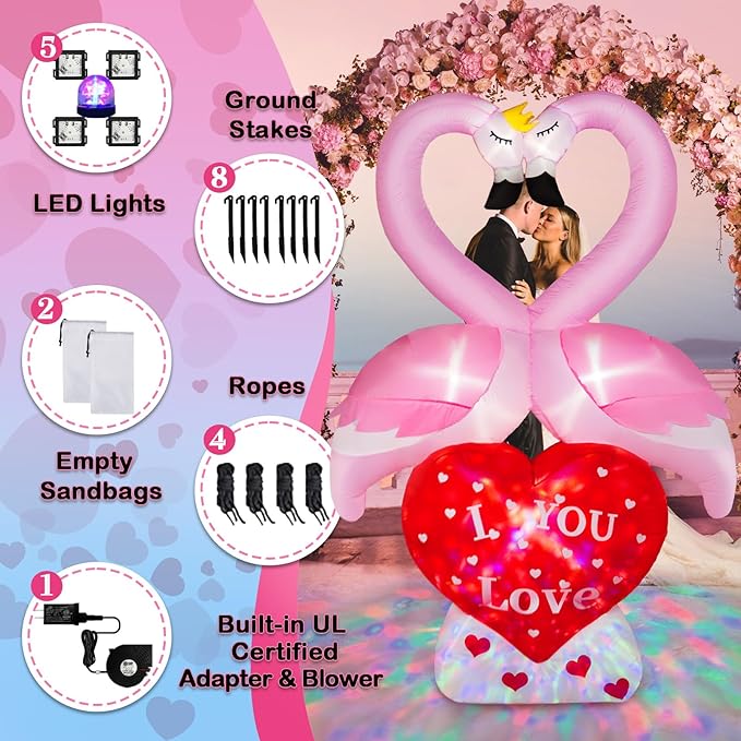 6FT Valentines Day Inflatables Couple's Swan with Love Heart, LED Lighted Valentines Blow up Yard Decorations, Romantic Valentines Day Decor for Party Anniversary Wedding Propose Garden Lawn