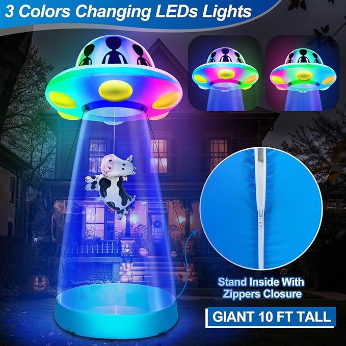 [ 3 Colors Changing Light ] 10 Ft Tall Halloween Inflatable UFO Cow Abduction Decorations with Build-in LEDs Halloween Blow Up UFO for Halloween Decoration Outdoor Yard Garden Lawn Holiday Party Decor