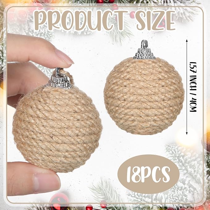 Syhood 18 Pcs 1.57 Inches Christmas Ball Ornaments Boho Farmhouse Jute Rope Hanging Balls Burlap Neutral Rustic Ornaments for Xmas Tree Holiday Wreath Garland Wedding Home