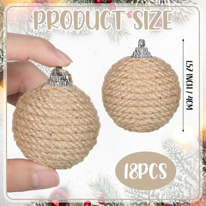 Syhood 18 Pcs 1.57 Inches Christmas Ball Ornaments Boho Farmhouse Jute Rope Hanging Balls Burlap Neutral Rustic Ornaments for Xmas Tree Holiday Wreath Garland Wedding Home