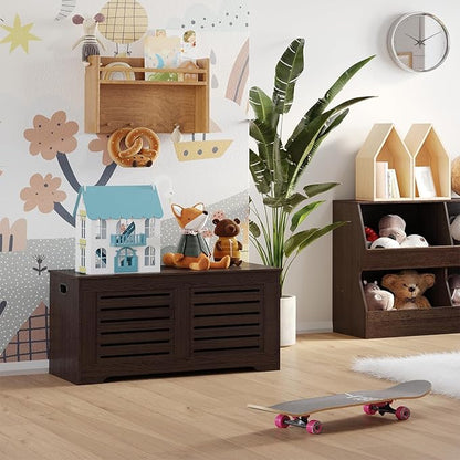 DINZI LVJ Storage Chest, 39.4”Wooden Toy Box with 2 Safety Hinges, Retro Entryway Shoe Storage Bench with Flip-Top, Sturdy Large Storage Trunk for Living Room, Bedroom, Easy Assembly, Espresso