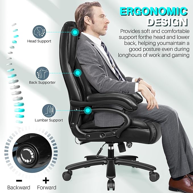 Big and Tall Office Chair 500lbs, Heavy Duty Executive Desk Chair with Adjustable Lumbar Support, Comfy Padded Cushion, Ergonomic PU Leather Home Computer Chair with Extra Wide Seat, Black