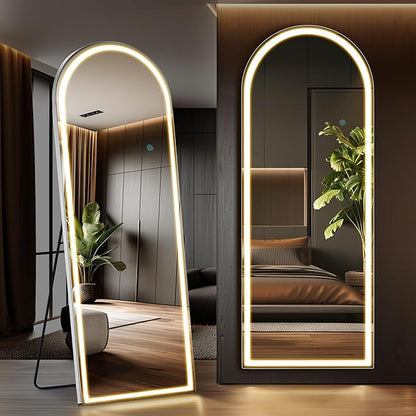 Sweetcrispy 71"x26" Arched Mirror Full Length with LED Lights and Stand, Lighted Full Body Wall Mounted Mirror for Bedroom, Living Room, White