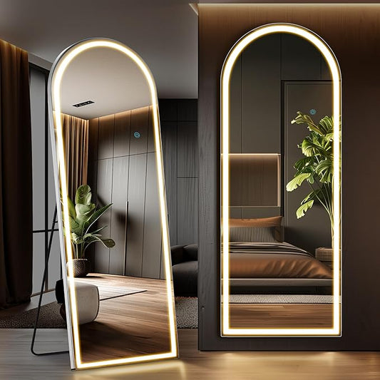 Sweetcrispy 71"x26" Arched Mirror Full Length with LED Lights and Stand, Lighted Full Body Wall Mounted Mirror for Bedroom, Living Room, White