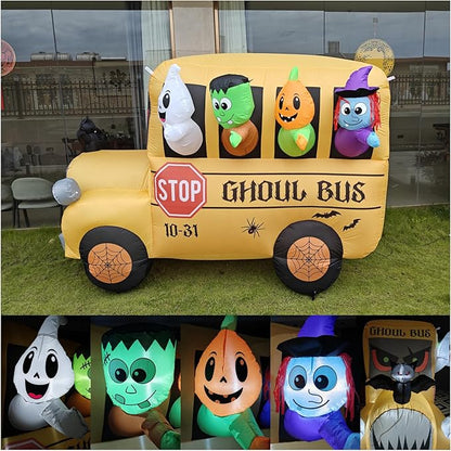 8FT Halloween Inflatable Ghoul Bus with LED Lights - Giant Haunted School Bus Yard Decoration for Outdoor Halloween Party, Haunted House, Trick or Treat Decor (Ghost, Pumpkin, Witch Design)