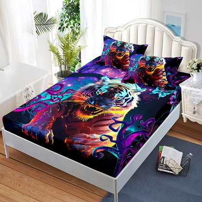 AILONEN Tiger Fitted Sheet Set Full Size, Purple Magic Forest Fierce Tiger Bed Sheet Set for Boys Girls,Howling Tiger Soft Breathable Fitted Sheet and 2 Pillowcases,3 Pieces