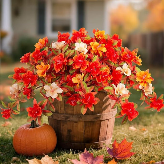 Fall Flowers Artificial for Decoration, Fake Silk Rhododendron Flowers for Outdoors, 2 Bundles Faux Azalea Outside UV Resistant No Fade Floral for Home Garden Balcony Walkway Wedding Party Decor
