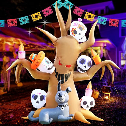 DomKom Tree Halloween Inflatable Blow Up Decorations, Dia de Los Muertos 8FT Day of The Dead Spooky Tree with Catrina Skull and Hairless Dog, Built-in LEDs for Holiday, Garden Lawn Yard Patio Décor